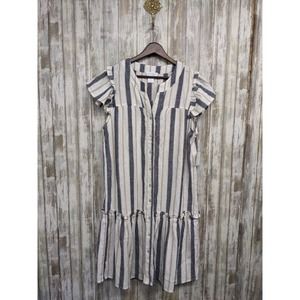 Cynthia Rowley Linen Shift Dress Striped Button Ruffle Flutter Sleeve Medium NWT